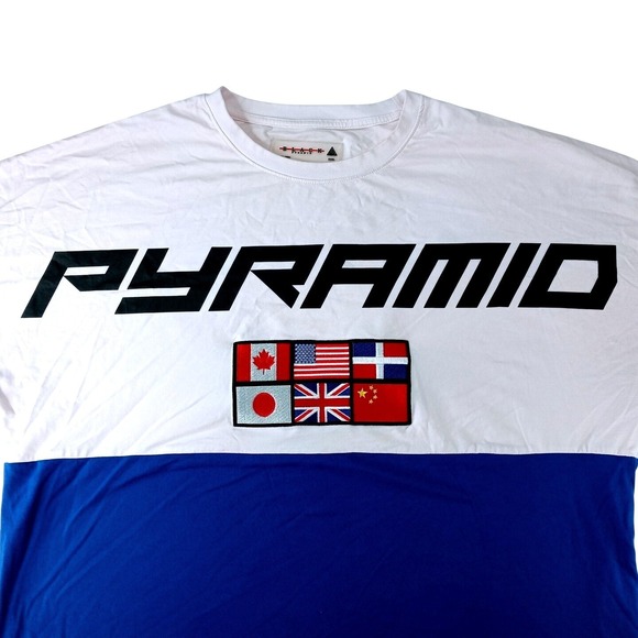 Black Pyramid Sport TShirt Mens XXXL White Blue Red Color Block Flag Patch - Picture 6 of 8